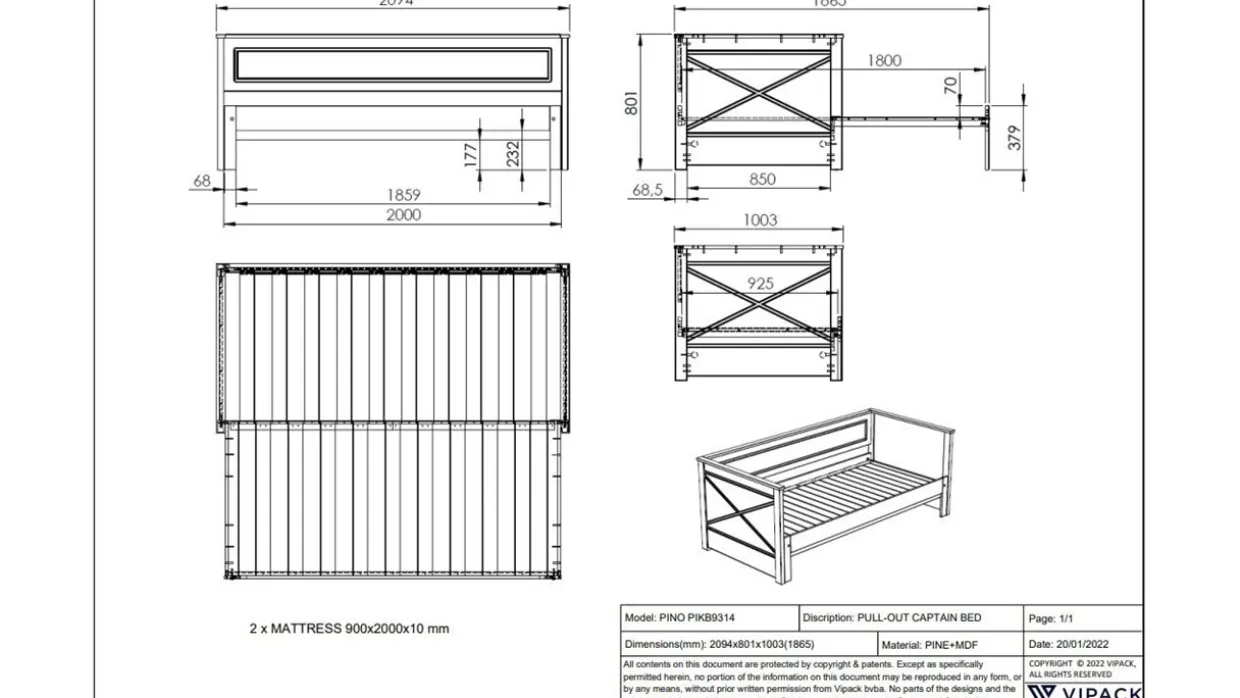 Bed paneel uitschuifbaar Pino