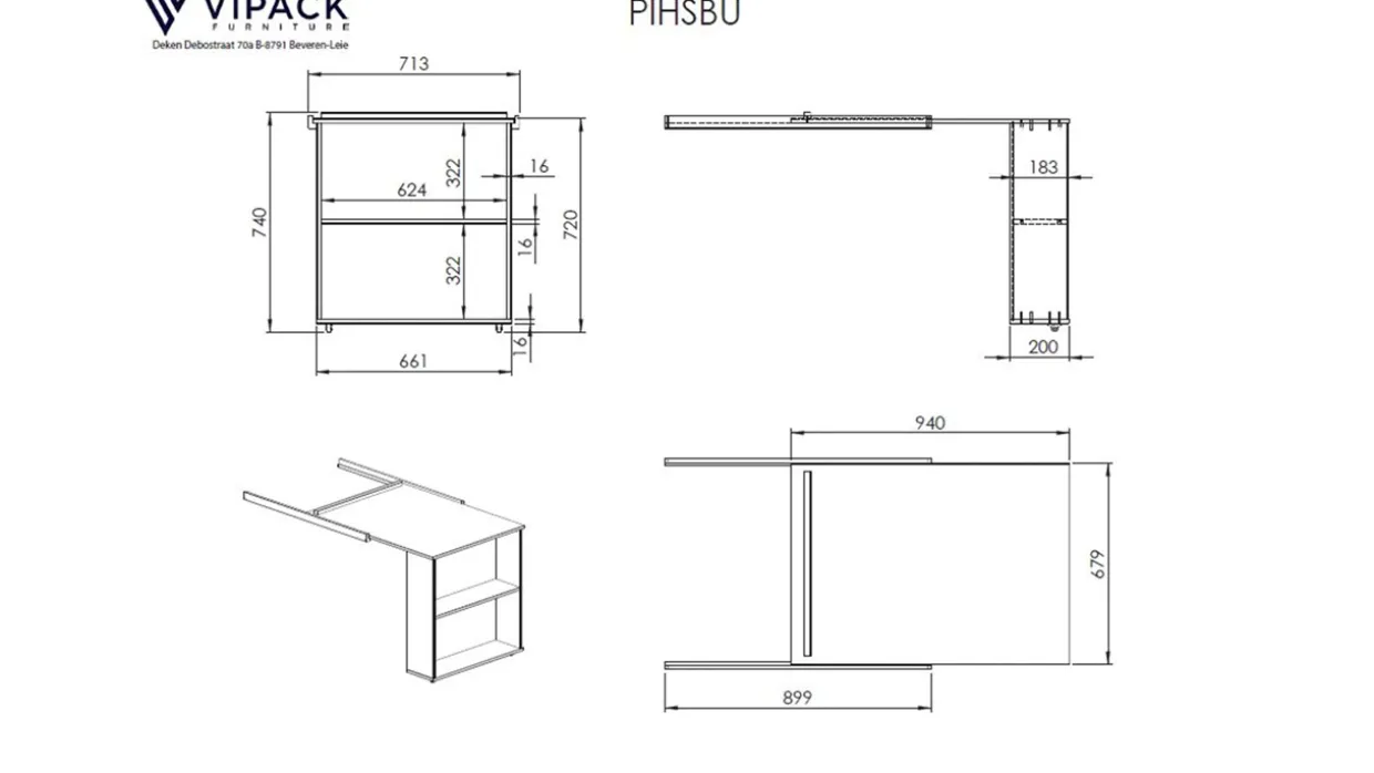 Halfhoogslaper Pino met commode 4 laden, commode 2 deuren, hangtablet en bureau