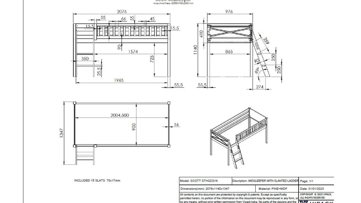 Halfhoogslaper Scott met bureau, boekenkast en commode